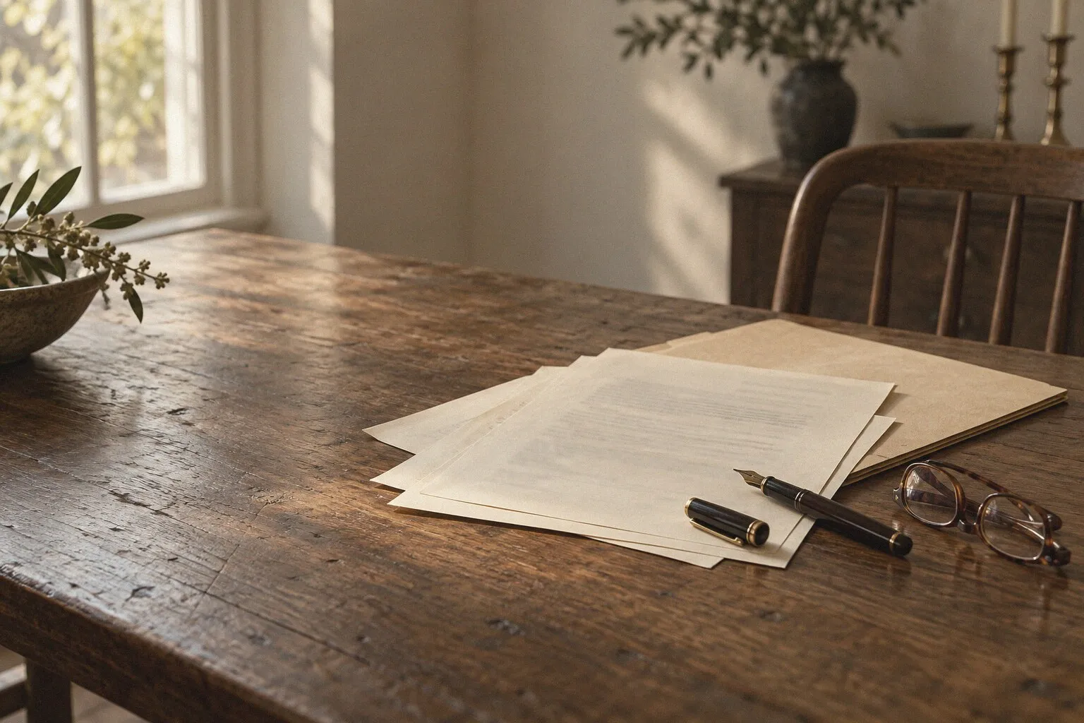 A small stack of papers, a manila folder, a fountain pen and reading glasses on a wooden dining table by a window.