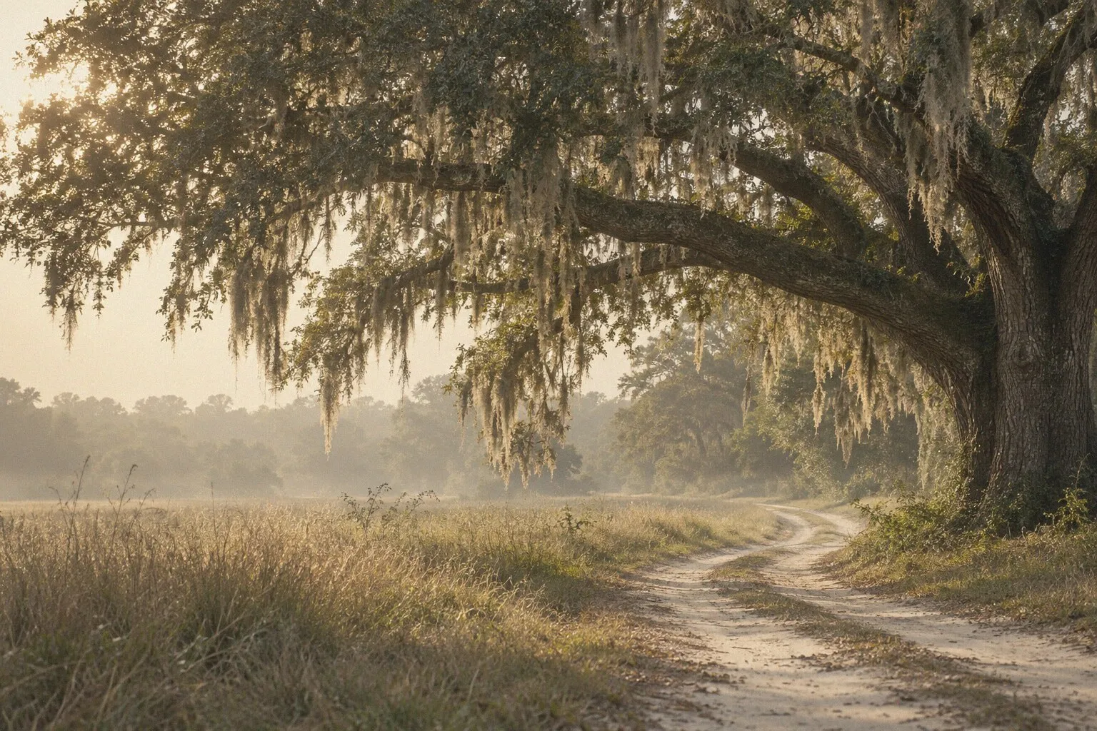 A live oak draped in Spanish moss beside a sandy lane through tall grass, in soft hazy light.