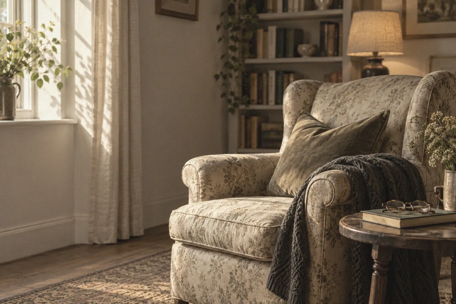 An upholstered armchair by a sunlit window with a cardigan over its arm and reading glasses on a side table.
