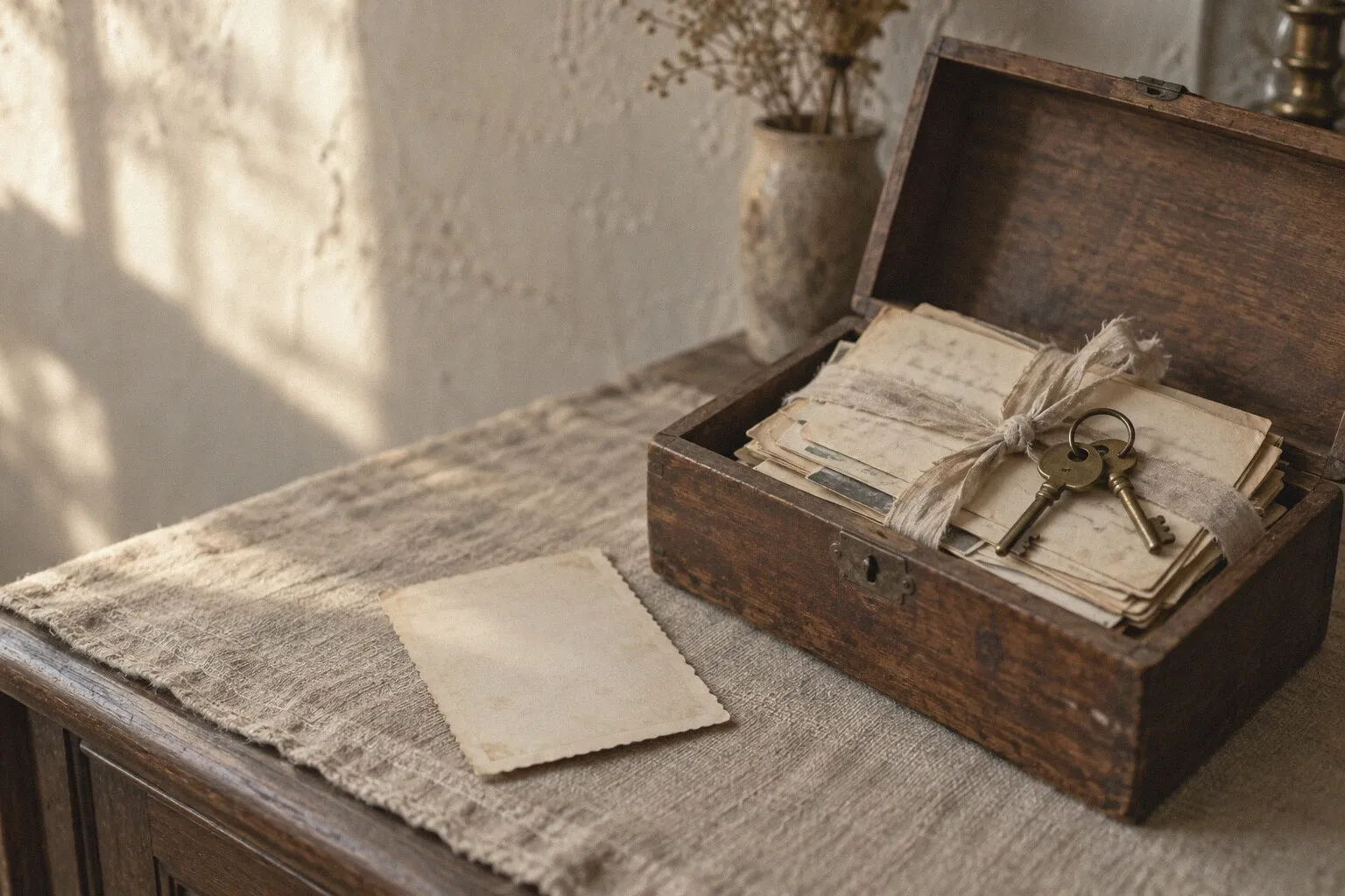 An open wooden keepsake box holding ribbon-tied family papers and two house keys, on a linen-covered sideboard.